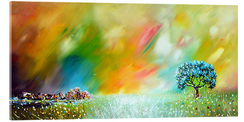 Acrylglasbild Blauer Baum vor buntem Himmel