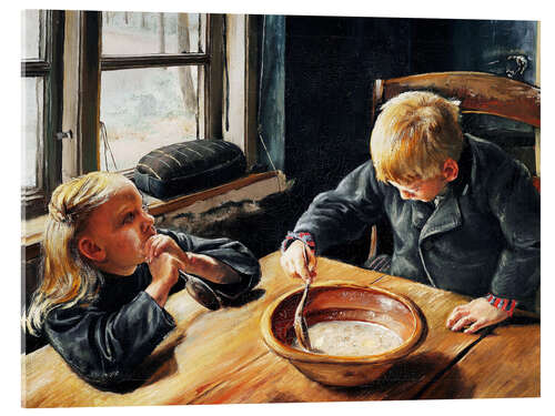 Acrylic print A boy and a girl eating supper