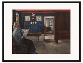 Gerahmter Kunstdruck Interieur mit zeitungslesenden Landwirt