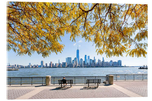 Acrylglasbild Herbstlaub am Hudson River mit Blick auf die Manhattan Skyline