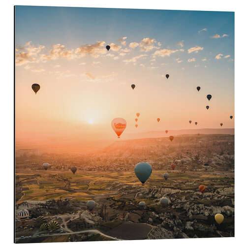 Aluminiumtavla Balloon flight in sunrise over Cappadocia