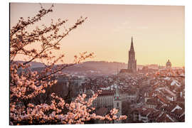 Aluminium print Sunset over the city of Bern during cherry blossom