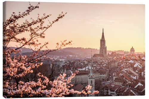 Leinwandbild Sonnenuntergang über der Stadt Bern während der Kirschblüte