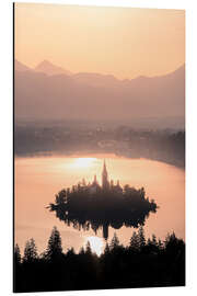 Tableau en aluminium Lever de soleil sur le lac de Bled