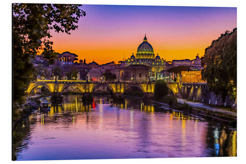 Tableau en aluminium Pont Saint-Ange et basilique Saint-Pierre après le coucher du soleil