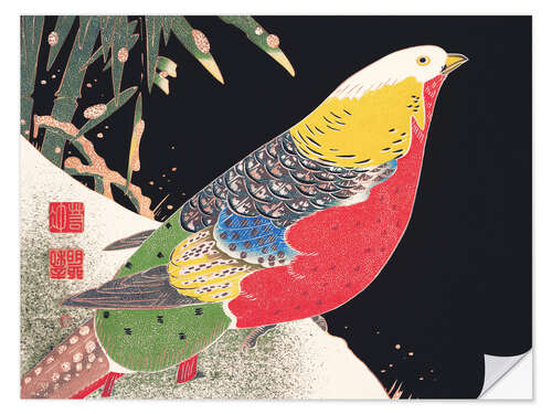 Muursticker Golden pheasant in the snow
