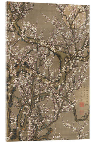 Tableau en verre acrylique Lune et fleurs de prunier blanches