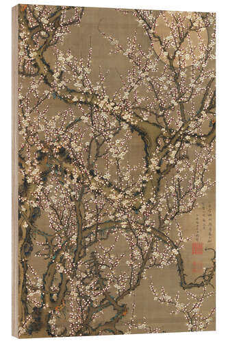 Wood print White plum blossoms and moon