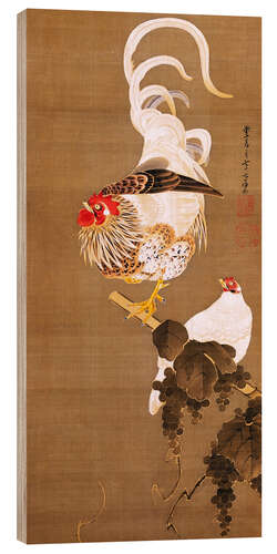 Wood print Hen and rooster with grapevine