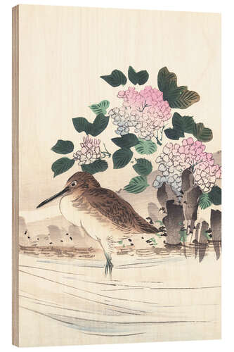 Wood print Water bird and hydrangea