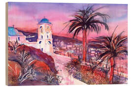 Hout print White church on Ios, Greece