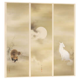 Acrylglasbild Dunkler Mond, Weißer Fuchs und Marderhund auf den Feldern - Mochizuki Gyokukei