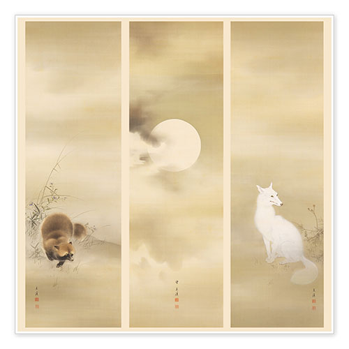 Plakat Księżyc, jenot i biały lis na polu