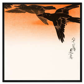 Gerahmter Kunstdruck Krähen im Flug am roten Sonnenuntergangshimmel