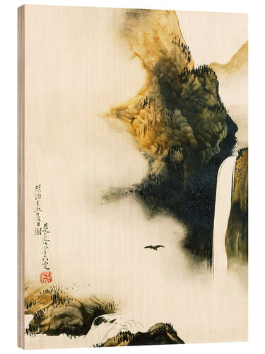 Print på træ Landscape with waterfall and bird