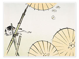 Wandbild  Bambus, Regenschirme, eine Katze und Schmetterlinge - Shibata Zeshin