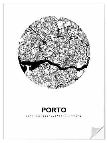 Selvklæbende plakat City map of Porto, circle