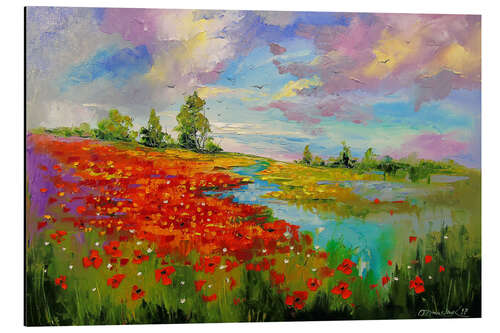 Tableau en aluminium Champ de coquelicots au bord du lac