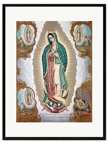 Plakat artystyczny premium w ramie Dziewica z Guadalupe z czterema objawieniami