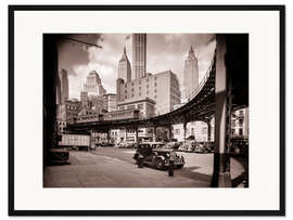 Gerahmter Kunstdruck Hochbahn und Oldtimer in New York City, 1930er