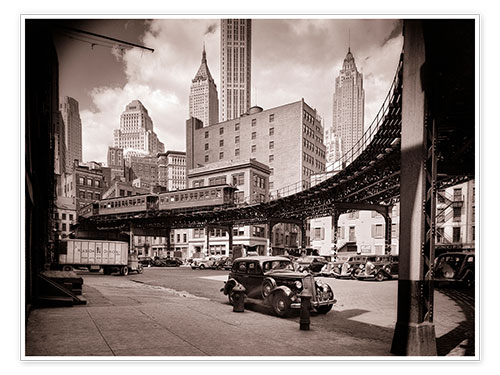 Poster Hochbahn und Oldtimer in New York City, 1930er