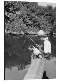 Print på aluminium Boy with a dog fishing at a pond, 1930