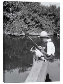 Leinwandbild Junge mit Hund beim Angeln am Teich, 1930