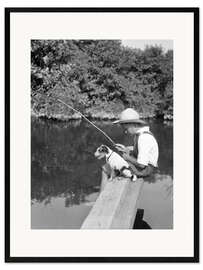 Framed art print Boy with a dog fishing at a pond, 1930s