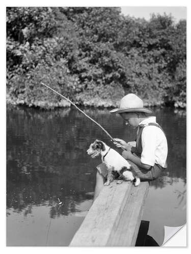 Selvklæbende plakat Boy with a dog fishing at a pond, 1930