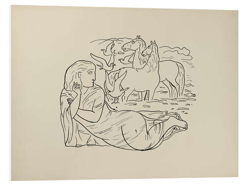 Foam board print Woman lying on the beach with horses and seagulls