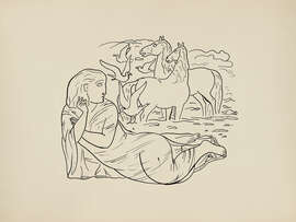 Magnettafel Frau, die am Strand mit Pferden und Möwen liegt