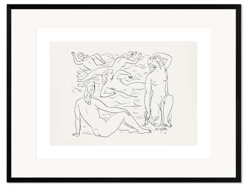 Ingelijste kunstdruk Schetsblad met naakt zwemmende vrouwen aan het strand