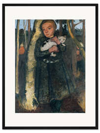 Gerahmter Kunstdruck Mädchen im Birkenwald mit Katze