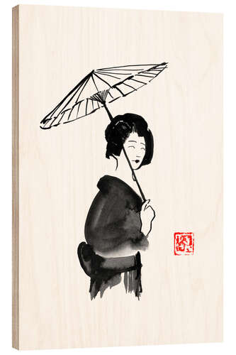 Holzbild Geisha mit Regenschirm