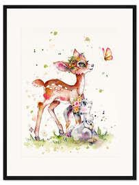 Gerahmter Kunstdruck Rehkitz und Häschen