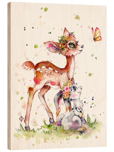 Wood print Fawn and bunny