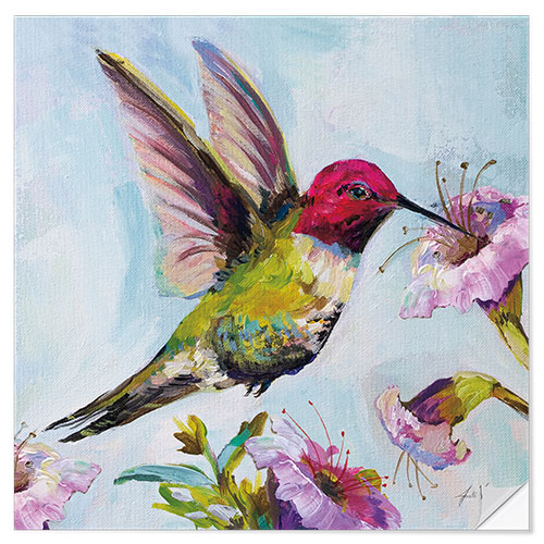 Selvklebende plakat Hummingbird with hibiscus flowers I