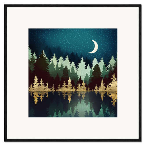 Ingelijste kunstdruk Forest lake under the starry sky