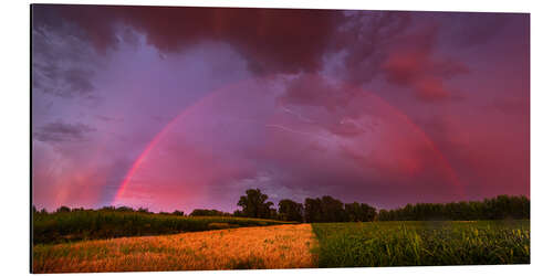 Alubild Regenbogen bei Sonnenuntergang mit Blitz