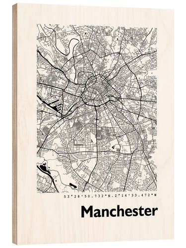 Wood print Manchester city map