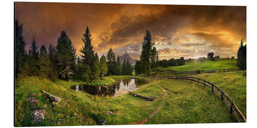 Aluminium print Mountain lake at sunset with Langkofel