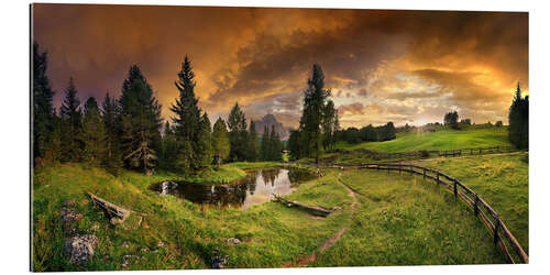 Galleriprint Mountain lake at sunset with Langkofel