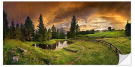 Selvklebende plakat Mountain lake at sunset with Langkofel