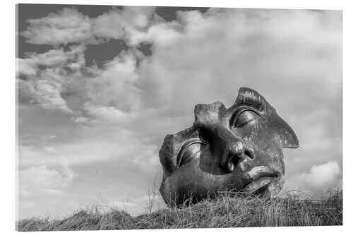 Tableau en verre acrylique Visage dans les dunes, noir et blanc