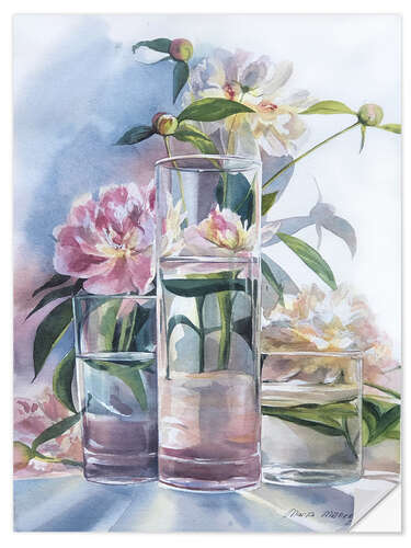 Selvklebende plakat Pink peonies in the glass