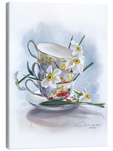 Canvas-taulu White daffodils and vintage cups