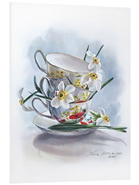 Foam board print White daffodils and vintage cups