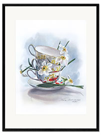 Framed art print White daffodils and vintage cups