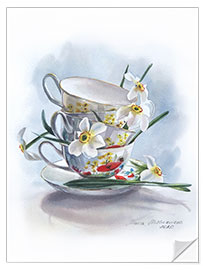 Självhäftande poster White daffodils and vintage cups