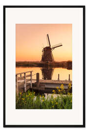 Gerahmter Kunstdruck Windmühle bei Sonnenaufgang, Holland